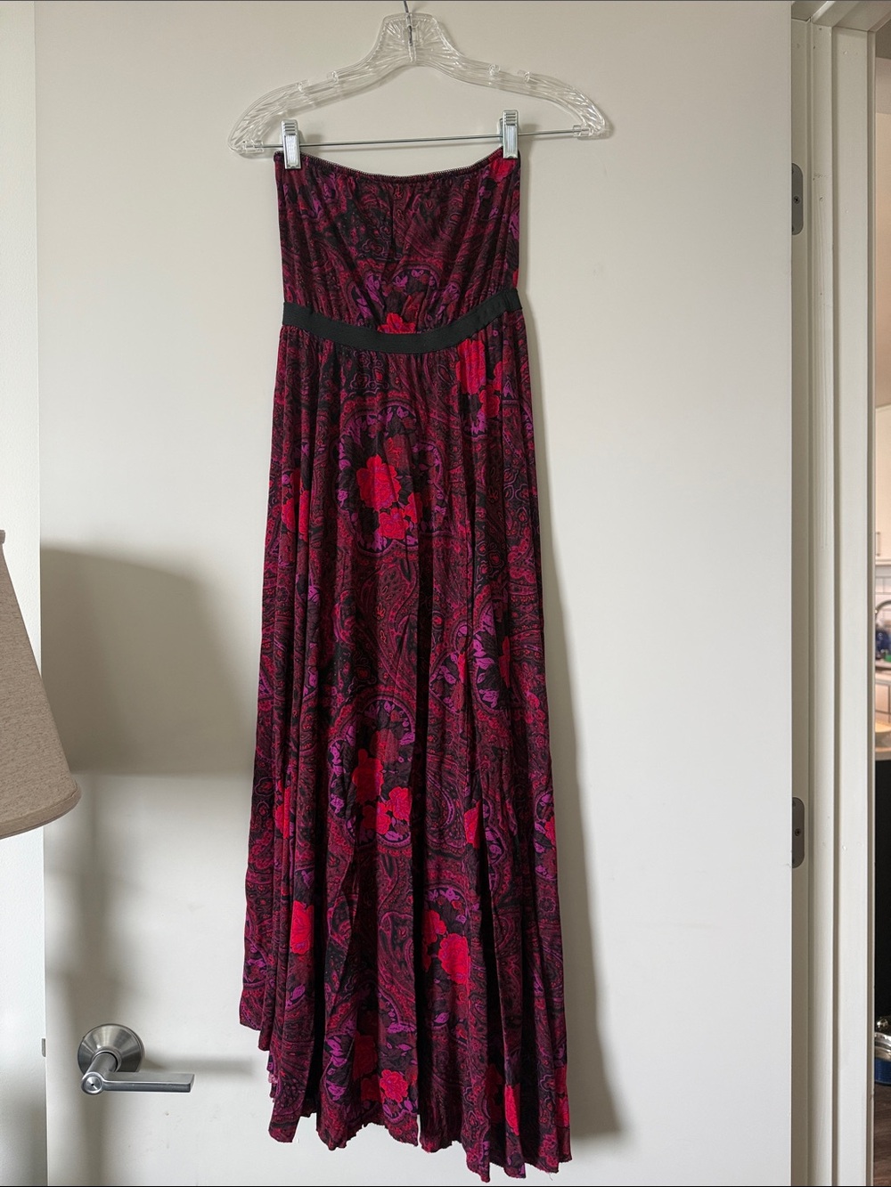 Ecote Strapless Maxi Dress in Red and Purple Floral Print